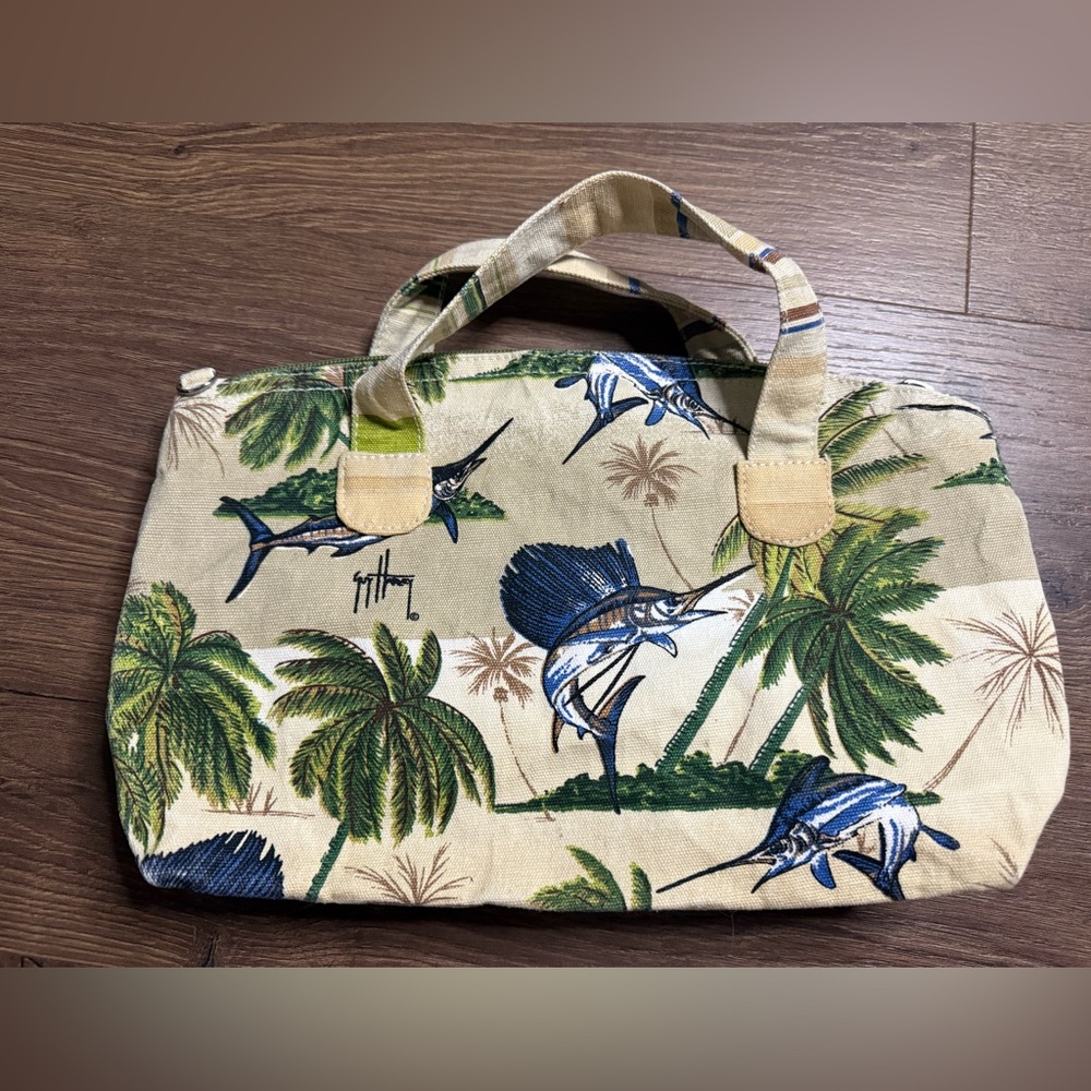 Guy Harvey Vintage Blue Marlin Palm Fresco Canvas Handbag Purse Tote Blue Green